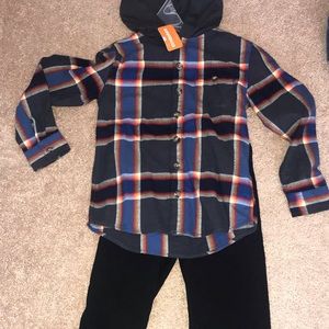 NWT boy’s black, Orange, and blue  flannel hoodie